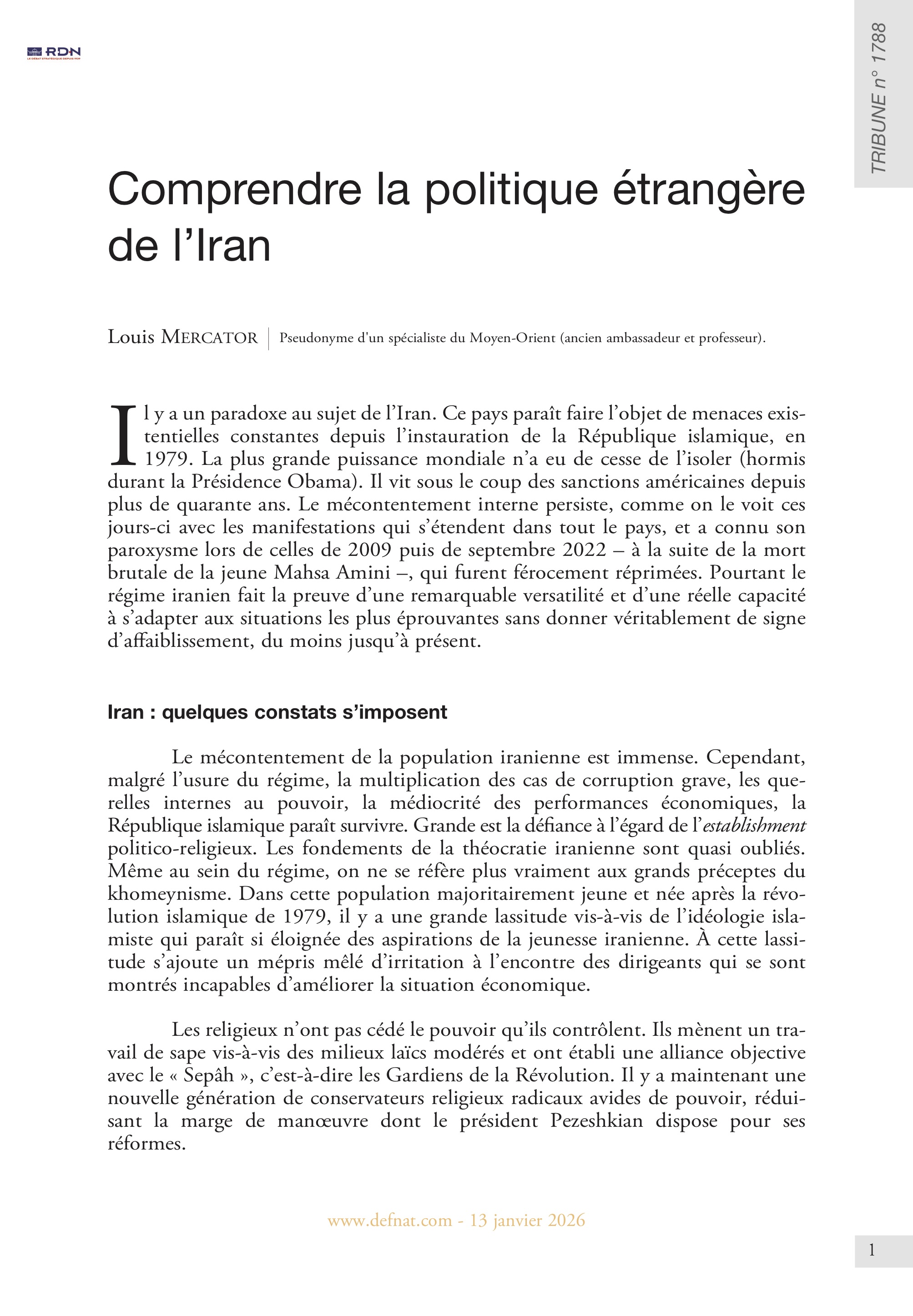 Comprendre la&nbsp;politique&nbsp;&eacute;trang&egrave;re de&nbsp;l&rsquo;Iran (T&nbsp;1788)
